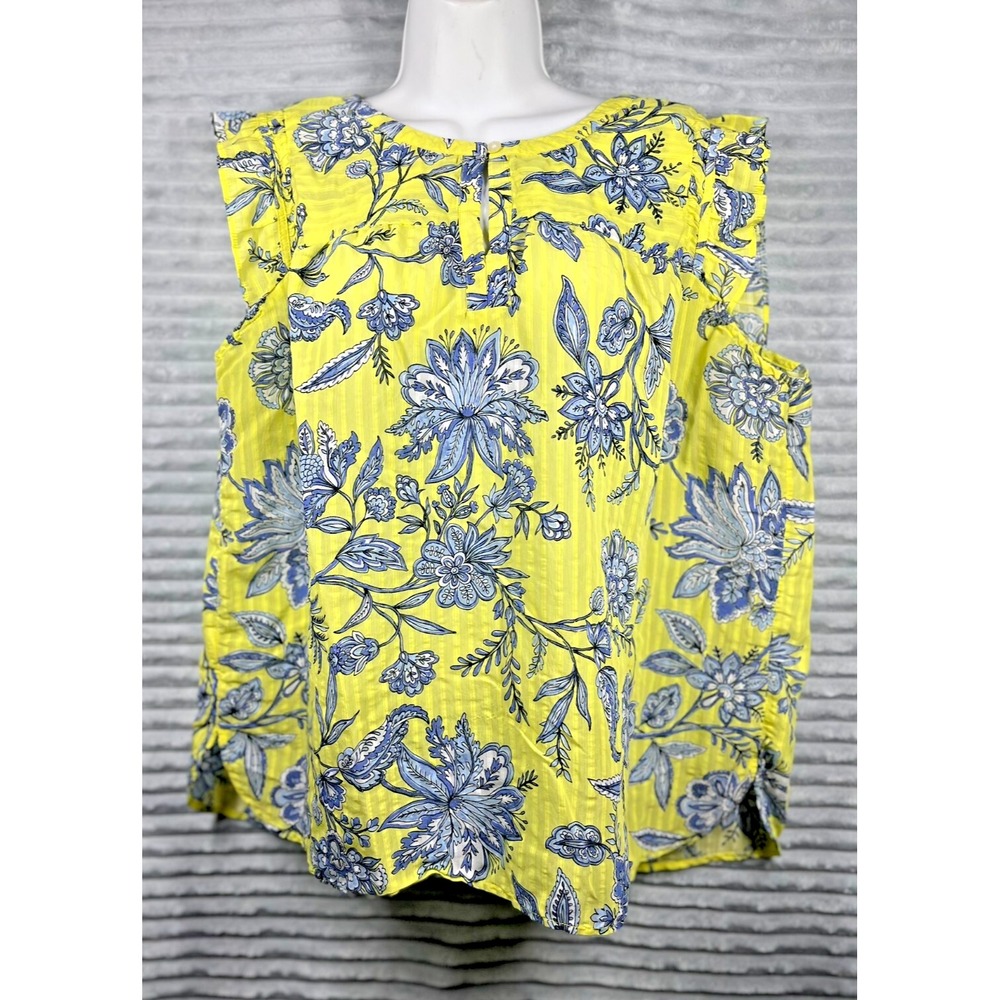 Loft‎ Garden Smocked Split Neck Flutter Ruffle Top Women's L Flowy Boho Artsy